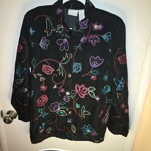 Koret Sz M Black Button Down Colorful Embroidered Long Sleeve Blouse Art to Wear